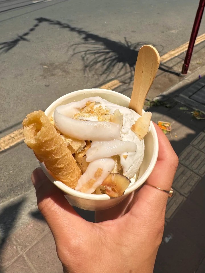 A hand holding a cup of coconut gelato topped with various coconut pieces and rolled wafers, with a street view in the background.