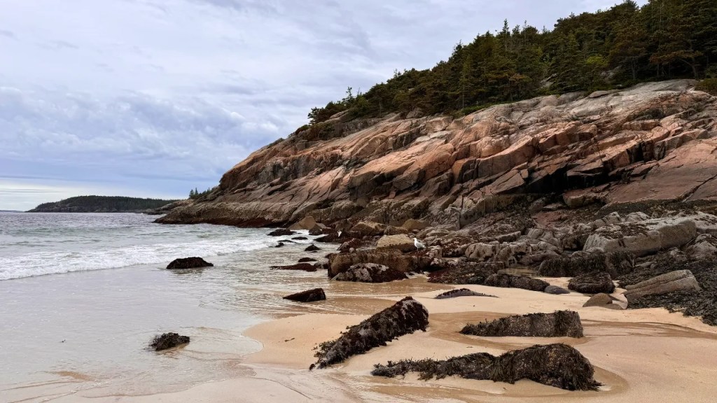 A rocky beach with smooth granite cliffs and scattered boulders, under a cloudy sky. The ocean gently laps at the sandy shore, creating a tranquil coastal scene.
