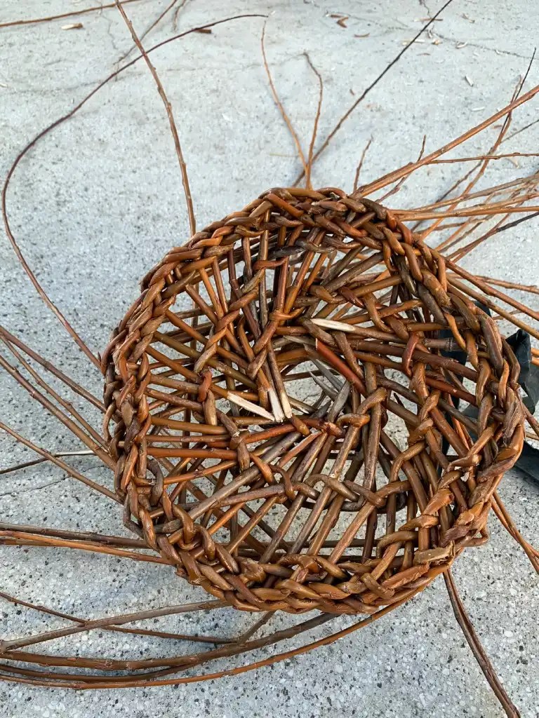 A partially woven basket made from willow branches, showcasing intricate weaving patterns, placed on a concrete surface.