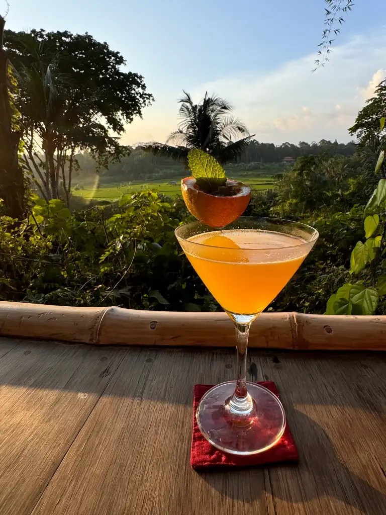 A passionfruit cocktail garnished with a half passionfruit and mint in a martini glass, set against a backdrop of lush greenery at sunset in Ubud, Bali.