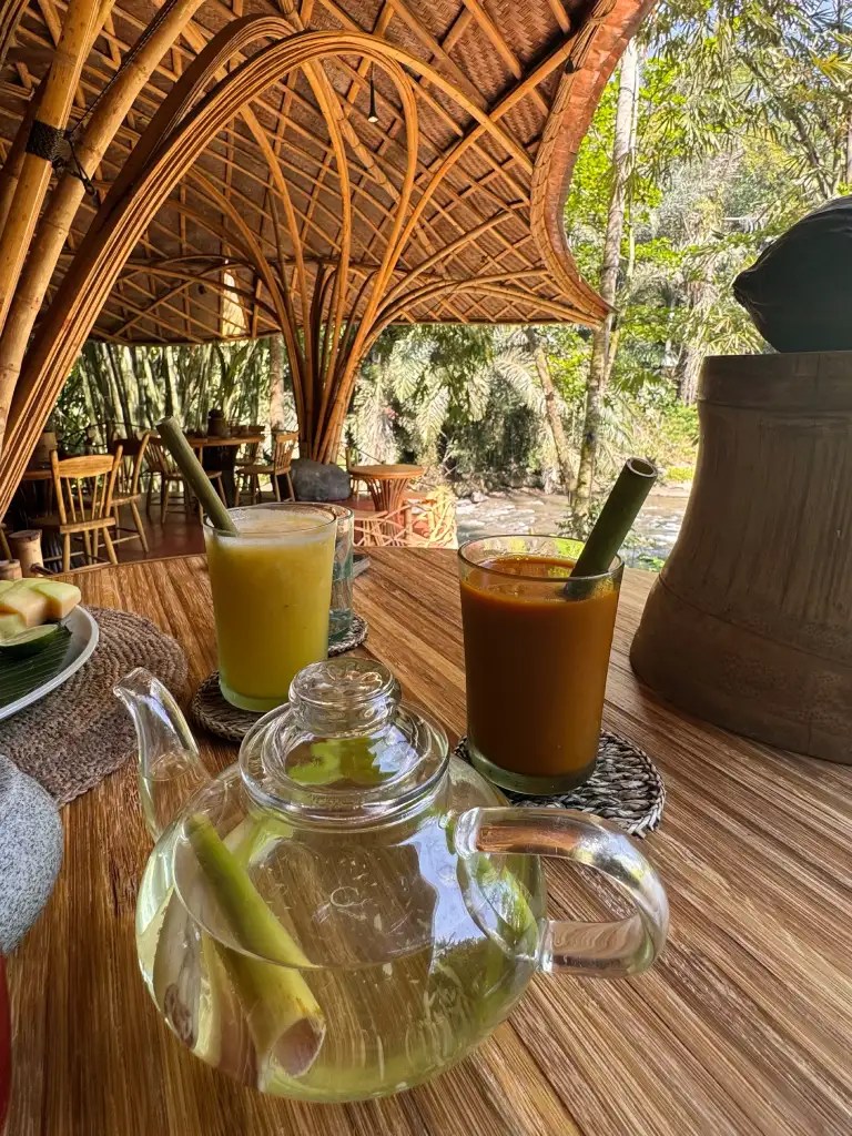 A bamboo-roofed café table with two colorful drinks: a yellow fruit smoothie and a reddish-brown turmeric juice, along with a glass teapot filled with lemongrass tea, set against a lush, green backdrop.
