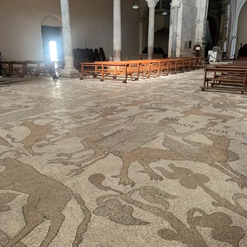 Interior view of Otranto Cathedral in Italy featuring a detailed mosaic floor with animal and floral patterns.