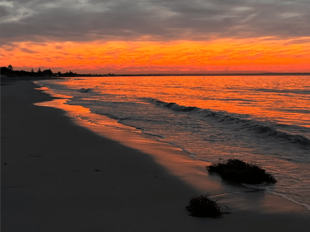 A stunning sunset over the calm waves of a beach in Busselton, with vibrant orange and pink colors reflecting on the water and silhouetted trees in the background.