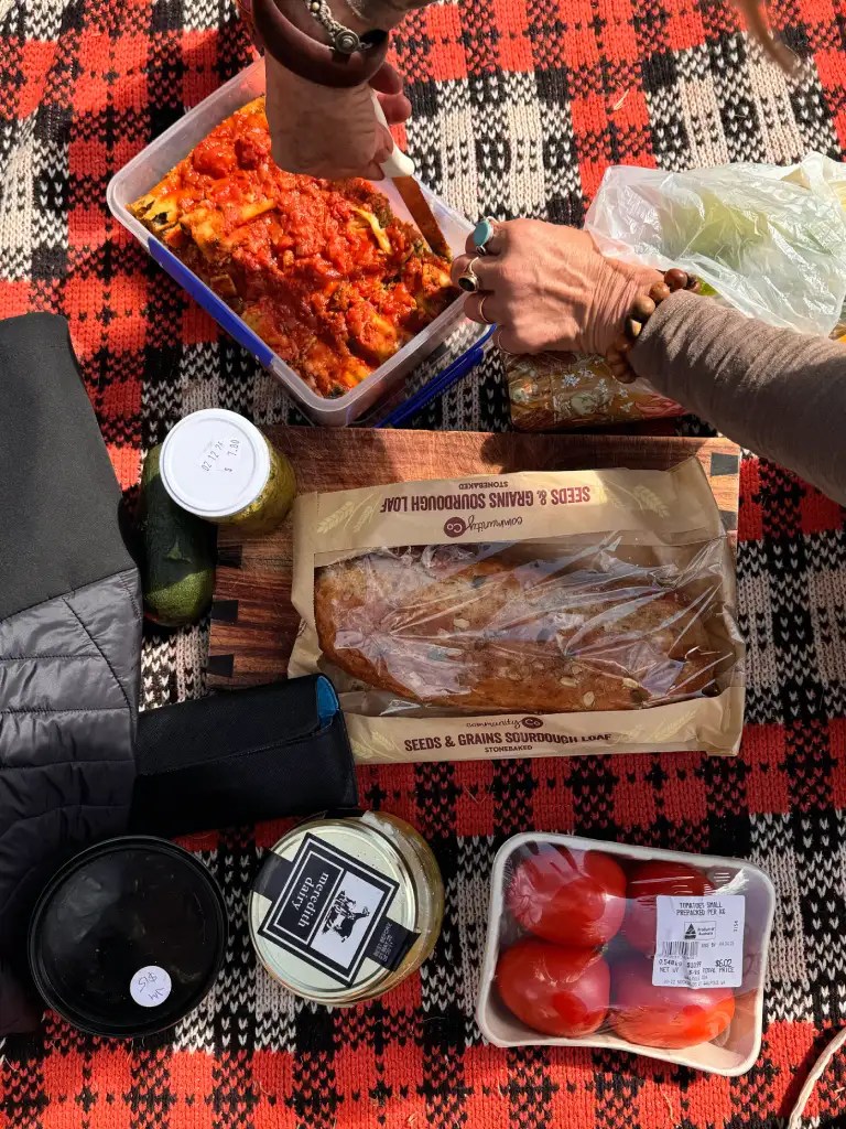 A picnic setup featuring hands reaching for a container of pasta with sauce, surrounded by various food items including bread, tomatoes, and jars, on a patterned blanket.