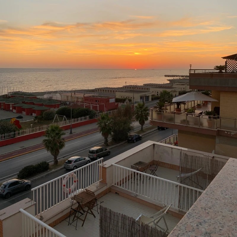 Sunset view over the sea from a hotel room balcony, with silhouetted palm trees and buildings in the foreground.
