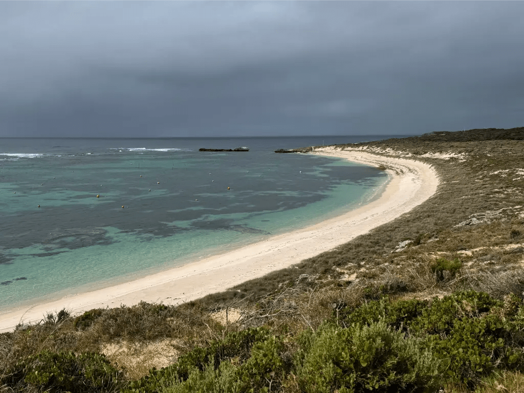 Sweeping view of Catherine Beach on Rottnest Island with turquoise waters, soft sandy shoreline, and green coastal vegetation under a cloudy sky.